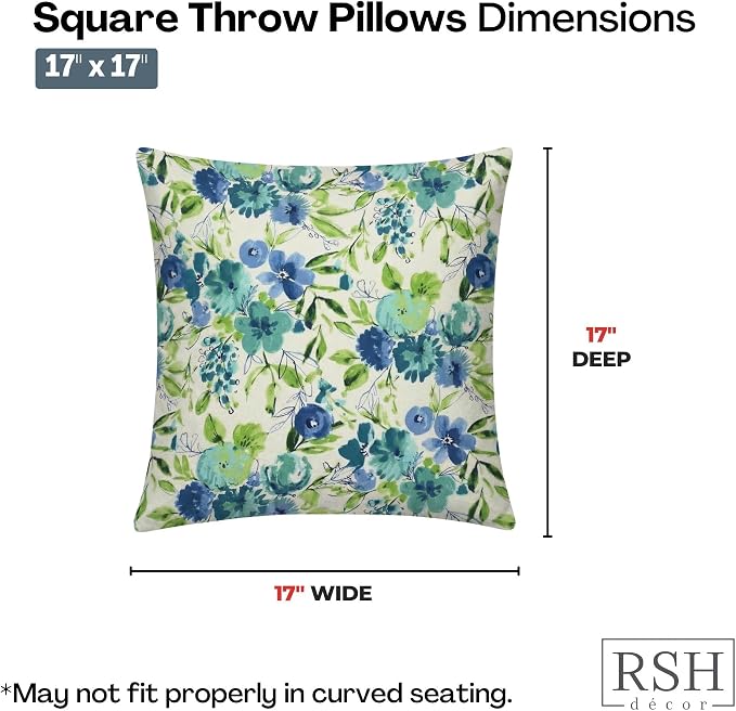 RSH DECOR Square Throw Pillows Set of 2, 17" x 17", Outdoor Pillows Waterproof, Outdoor Pillow Covers, Pillow Covers for Couch, Bettina Aqua, Made in USA