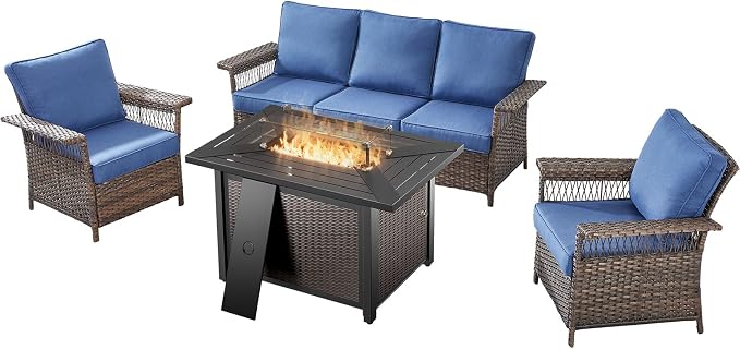 Patio Furniture Set with Fire Pit Table, 4PCS Patio Conversation Set Brown Resin Wicker Patio Chair and Sofa with 43in Rectangular Iron Firepit Table PE Rattan Patio Furniture Set