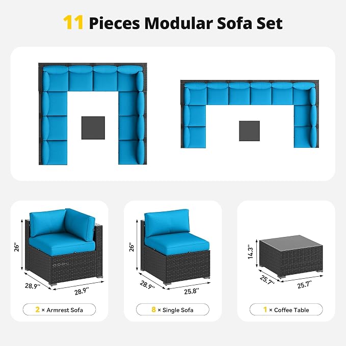 Aoxun Patio Furniture Set, 11 Piece Outdoor Sectional Sofas with Waterprool Cover, 10 Seats Wicker Rattan Outdoor Furniture Patio Conversation Set for Backyard, Garden Peacock Blue