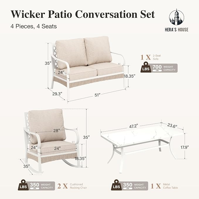 HERA'S HOUSE 4-Piece Patio Furniture Set with Metal & Rattan Design, 2 Rocking Chairs, 2-Seat Lover Sofa & Marble Coffee Table, All-Weather Outdoor Conversation Set for Garden Backyard, Beige