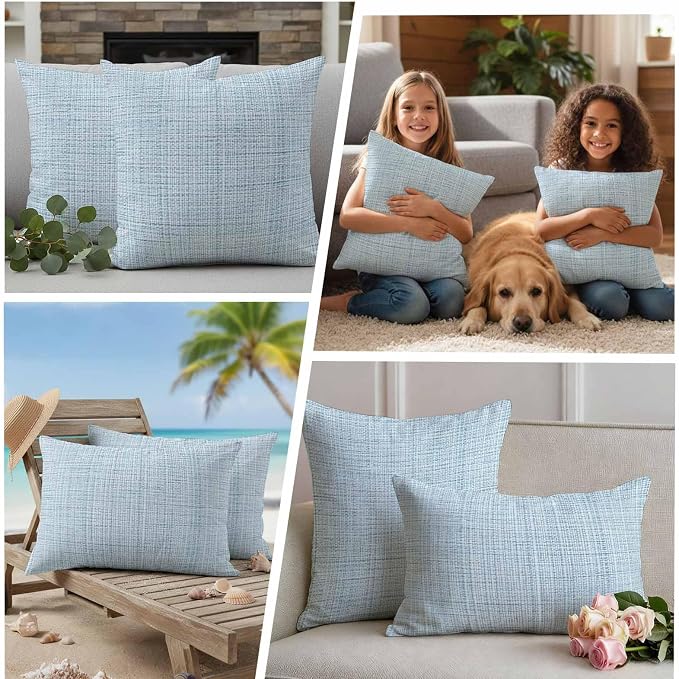 Outdoor Waterproof Throw Pillow Covers Set of 2 Blue Linen Texture Pillowcases 20x20 Inches Solid Color Decorative Pillows Cushion Case Patio Pillows for Couch Bed Chair Garden