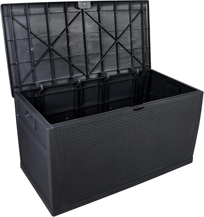 Spaco 113gal120gal Outdoor Garden Plastic Storage Deck Box Outdoor Patio Garden Furniture Lockable Seat Waterproof for Indoor, Outdoor, Garden, Courtyard (Black, 120gal)