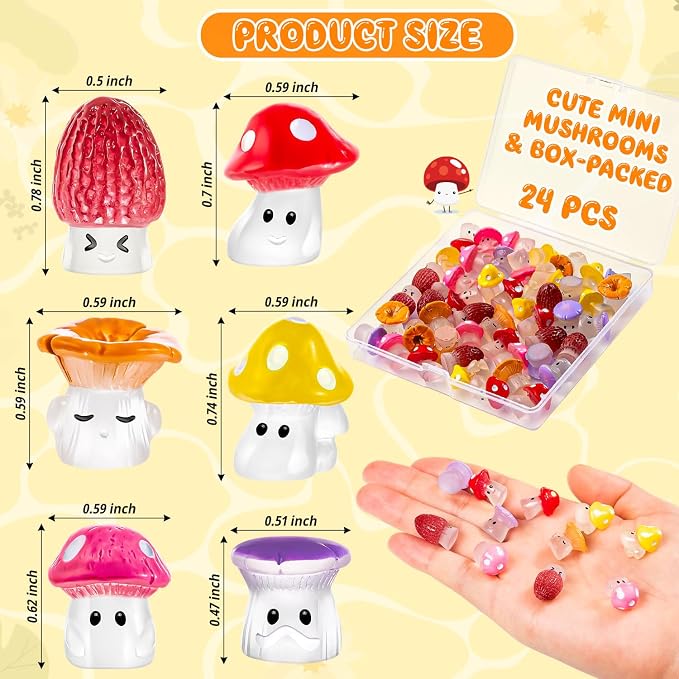 24pcs Mini Mushrooms Cute Resin Tiny Mushrooms Statue Fake Miniature Mushroom Figurines for Fairy Garden Terrarium Accessories Decor Micro Landscape Craft