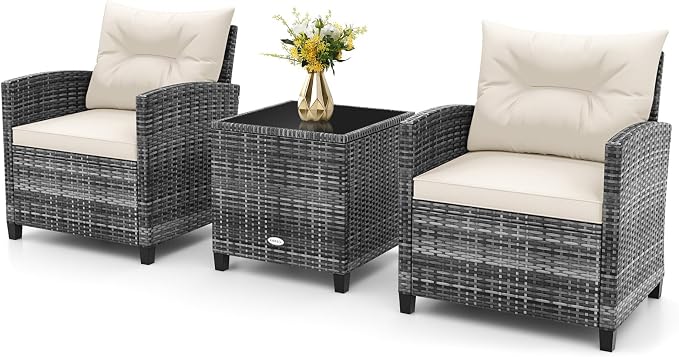 RELAX4LIFE 3 Piece Patio Furniture Set, Wicker Bistro Conversation Set w/2 Cushioned Armchairs & Glass Topped Table, Outdoor Rattan Sofa Set Patio Furniture for Porch Balcony Poolside (Grey-White)