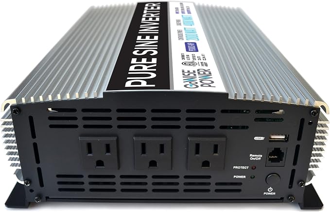 2000W Pure Sine Wave Power Inverter 12V DC to 120V AC with 3 AC Outlets + 1 5V USB Port, Remote Switch and 2 Battery Cables (4000W Peak) PS1003, 2021 Version, Grey