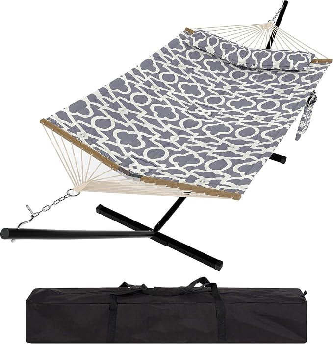 Double Hammock Set - Portable 500Lb Capacity for 2 Person w/Steel Frame, V Spreader Bar & Carry Bag - Freestanding Indoor Outdoor Use (Stripe)