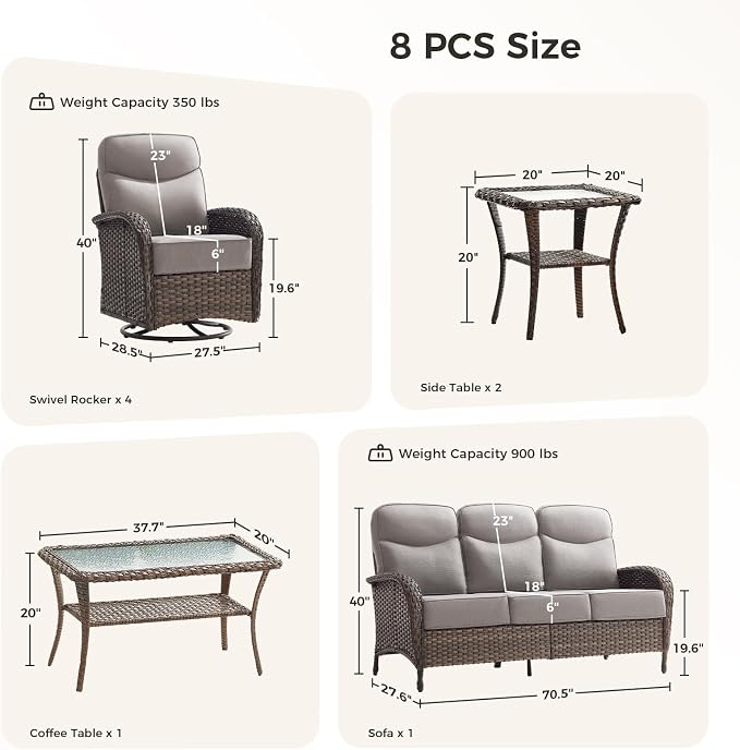 Luxury Patio Furniture Set with 6-inch Thick Cushions, Outdoor Furniture Set with High Back Swivel Chairs, 8 PCS Wicker Outdoor Conversation Set for Porch, Patio, Yard, Deck, Poolside, Brown/Beige