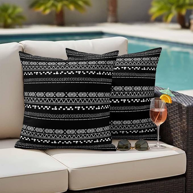 Outdoor Pillow Covers Set of 2, Lines Stripe Diamond Triangle on Black Decorative Throw Pillow Covers 16X16IN, Ethnic Tribal Pattern Throw Pillows Protector Cushion Case for Patio,Couch,Sofa,Garden