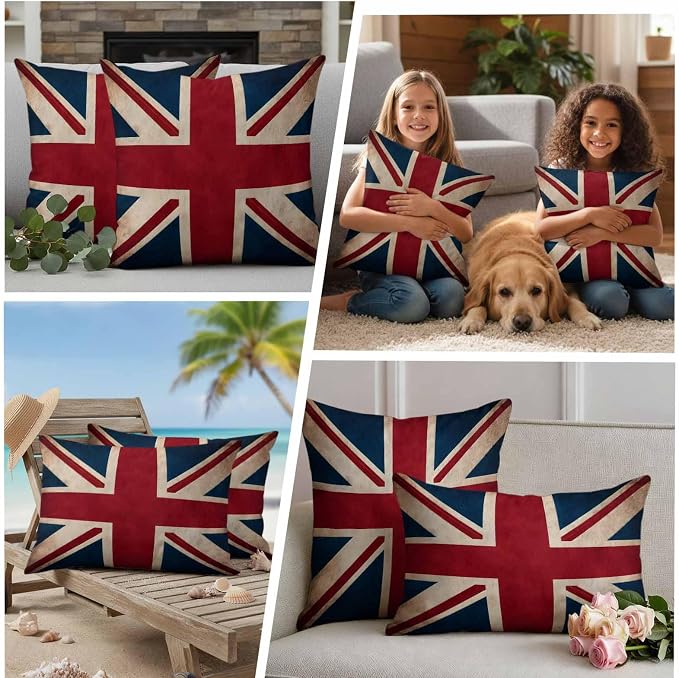 4th of July Outdoor Throw Pillows Covers 18x18 inch Set of 2 Waterproof British Flag Decorative Zippered Cushion Covers for Patio Furniture, Vintage National Flag Independence Day Lumbar Pillowcases