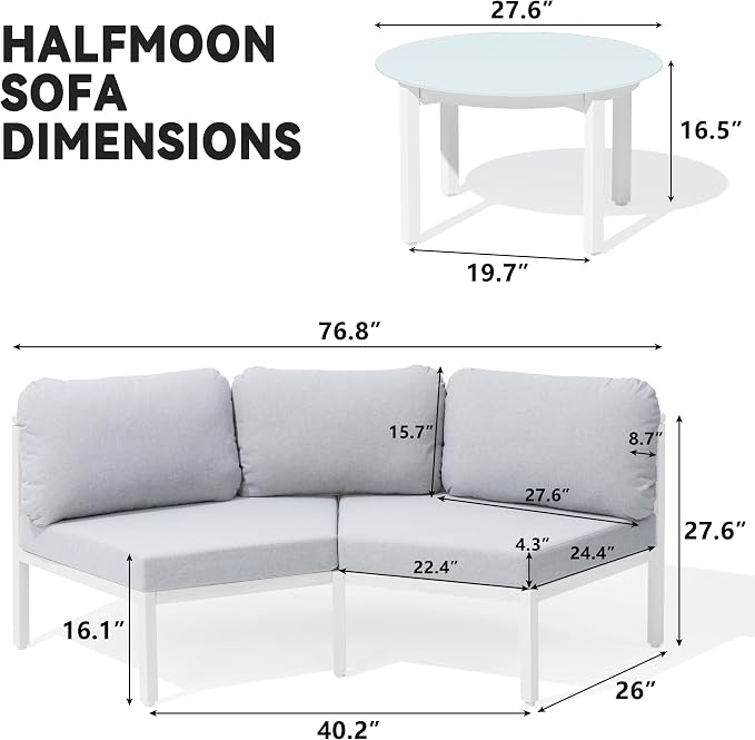 Crestlive Curved Patio Furniture Set, Modular Half Moon 4-Seater Sofa with Round Coffee Table, Aluminum Outdoor Sectional with 4.3" Cushions, All-Weather Couch for Backyard, Deck, Porch, Poolside