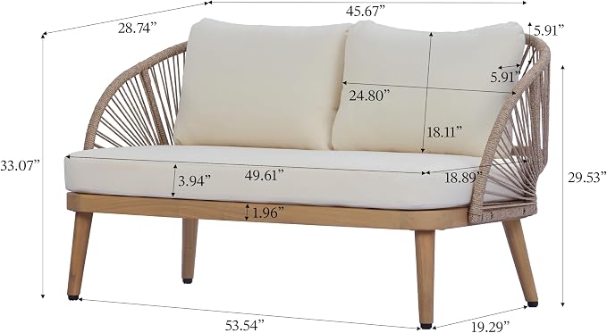 Christopher Knight Home Blanca 2 Pieces Conversation Set, Boho Patio Loveseat Sofa and Coffee Table, Acacia Wood Outdoor Loveseat and Table Set, Rope Woven Curved Loveseat with Cushions, Teak+Beige