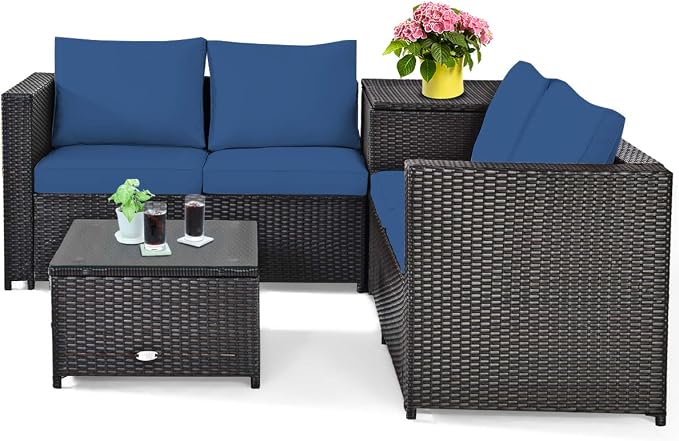 HAPPYGRILL 4PCS Patio Furniture Set Outdoor Rattan Wicker Conversation Sofa Set with Storage Box & Tempered Glass Coffee Table for Backyard Garden Porch