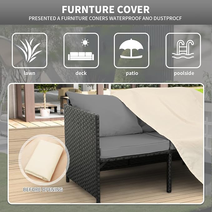 Valita 3-Piece Outdoor PE Rattan Furniture Set Patio Black Wicker Conversation Loveseat Sofa Sectional Couch Gray Cushion