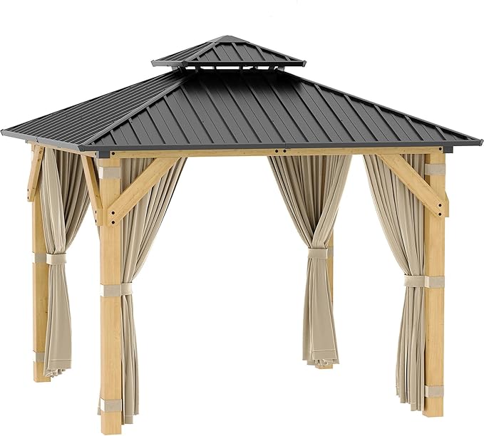 Garvee 10x10 Ft Wood Gazebo, Upgrade Spruce Frame and Double Galvanized Steel Roof, Hardtop Gazebo with Nettings and Curtains for Backyard, Patio, Garden and Lawn, Khaki