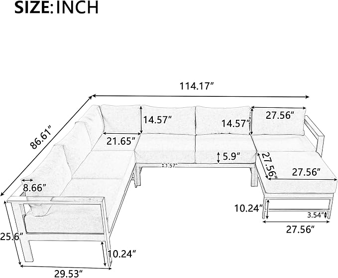 JIVOIT Multi-Person Outdoor Sofa Set, U-Shaped Aluminum Outdoor Sofa Set with Thick Cushions and Backrests, Modular Patio Sofa Set for Gardens, Backyards, and Balconies (Grey * 069)