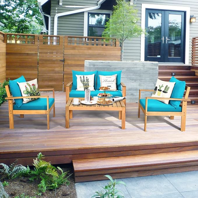 Tangkula Outdoor 4-Piece Acacia Wood Chat Set, 4 Seater Acacia Wood Conversation Sofa and Table Set with Water Resistant Cushions, Teak Finished (1, Turquoise)