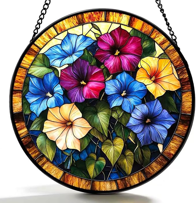 Stained Glass Window Hanging - The Blooming Morning Glory 6.3 Inches Suncatcher for Garden Home Decor for Women Mon Grandma Friends