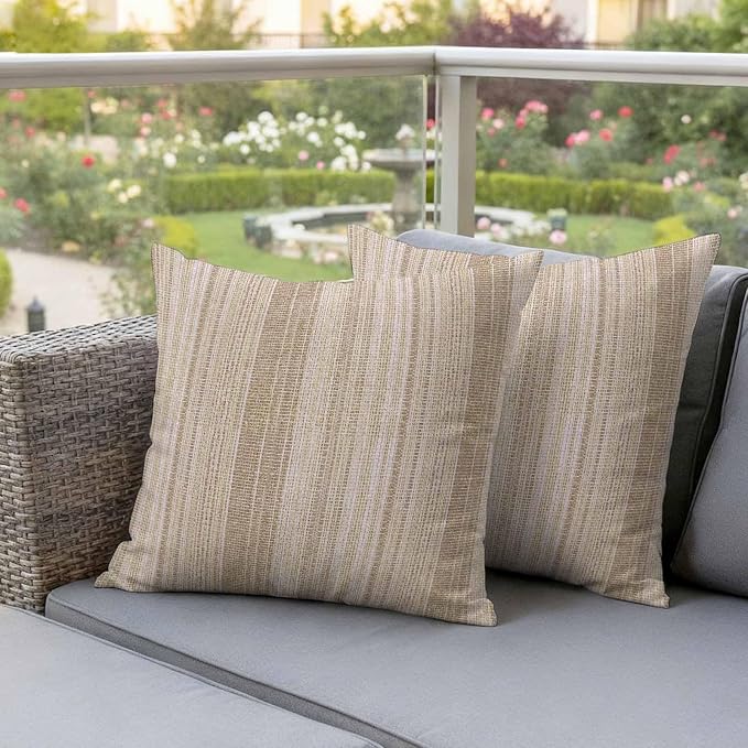 Abstract Beige Outdoor Pillow Covers Set of 2 Rustic Farmhouse Minimalist Beige Vertical Striped Lines Waterproof Throw Pillow Cover Decorative Cushion Cases for Patio Porch Garden 20X20 Inch