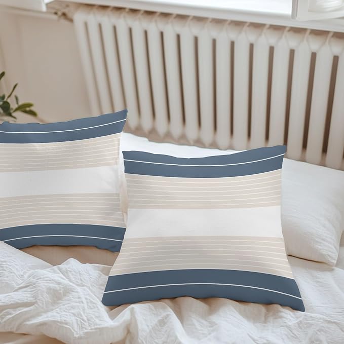 Haze Blue Beige Stripe Outdoor Pillow Covers Waterproof, All Weather Cushion Case Set of 2, Modern Art Horizontal Striped Decorative Pillowcases for Sofa Couch Bed Decor Patio Furniture 16"x16"
