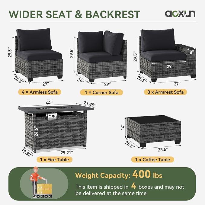 Aoxun Patio Furniture Sets with 44'' Fire Pit, 10 Pcs Outdoor Patio Coversation Set with 4'' Thicken Cushion, Widen Armrests Wicker Outdoor Sectional for Backyard & Garden, Black