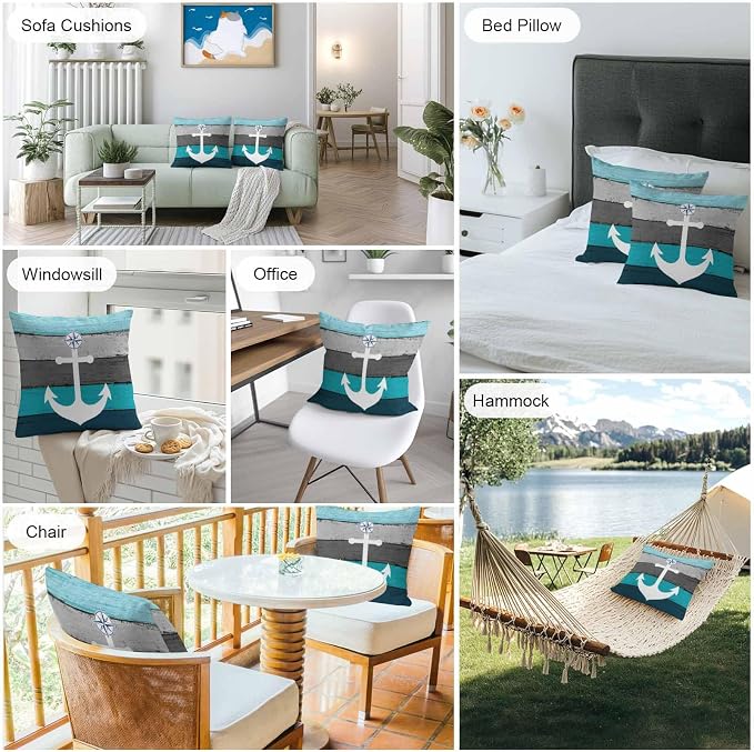 Outdoor Waterproof Throw Pillow Cover White Compass Anchor Nautical Theme Decorative Pillows Cushion Covers Teal Grey Wooden Plank 2 Pack Pillow Cases for Patio Garden Balcony Couch Sofa 16x16In