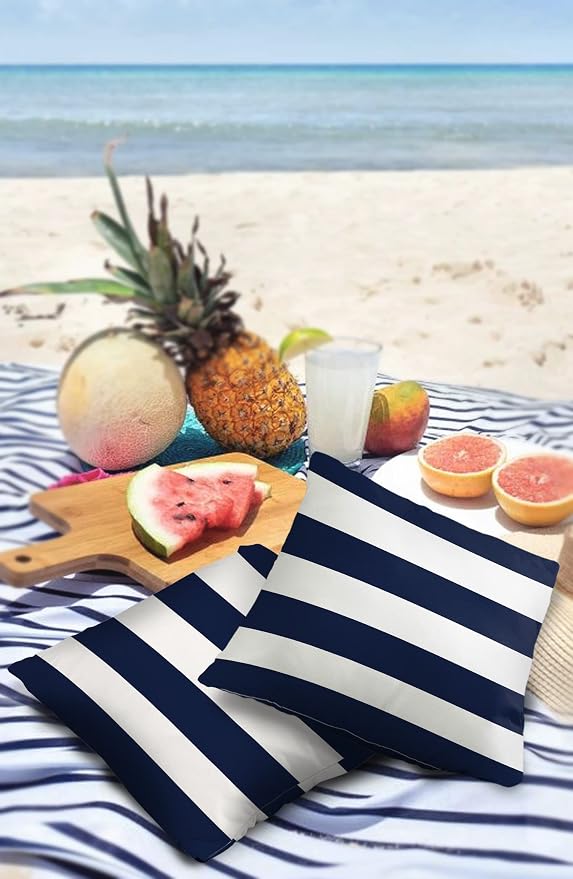 Outdoor Waterproof Throw Pillow Covers 24x24Inch, Nautical Stripe Navy Cushions for Garden Patio Furniture Chairs Set of 2, Blue White Home Decor Couch Sofa Polyester Pillow Cases