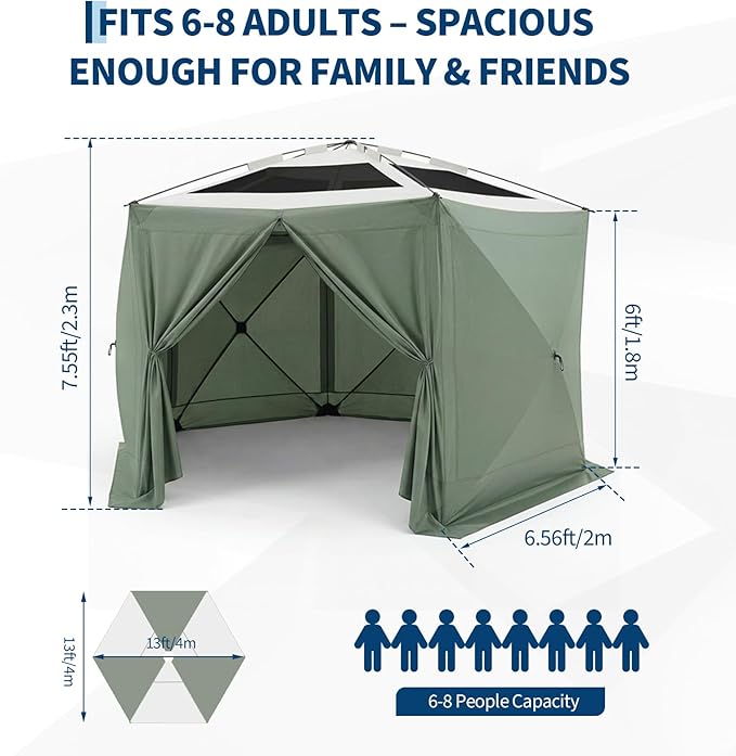 GarveeHome 13x13FT Pop Up Gazebo Screen Tent, 6-Sided Canopy with Detachable Eaves & Starry Sky Top, 210D Oxford Water-Proof Instant Shelter with Mosquito Netting for Backyard Camping, Green & Gray