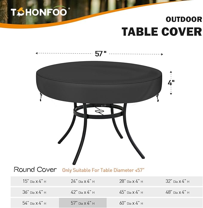 TOHONFOO Outdoor Round Table Cover - Waterproof Anti-UV Round Patio Table Cover - Fits Outdoor Table Up to 55-57 Inch