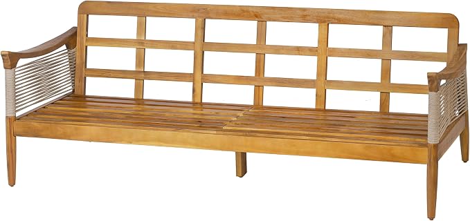 Christopher Knight Home Heidi Acacia Wood 5 Piece Patio Furniture Set 7-Seater Outdoor Loveseat, 3-Seater Sofa, Club Chairs and Coffee Table, Patio Conversation Set With Woven Rope Accents, Teak+Beige