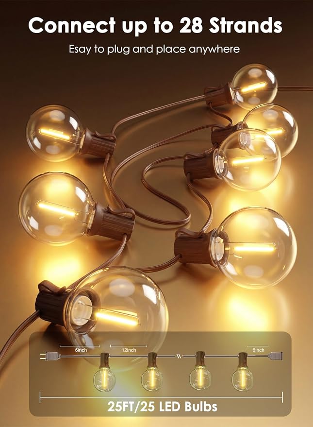 25FT G40 LED Brown Outdoor String Lights with 25 Plastic Shatterproof Bulbs | 2700K Warm White, IP65 Waterproof Hanging Connectable Globe Lights for Patio Garden Porch Pergola Bistro Decor, Brown Wire