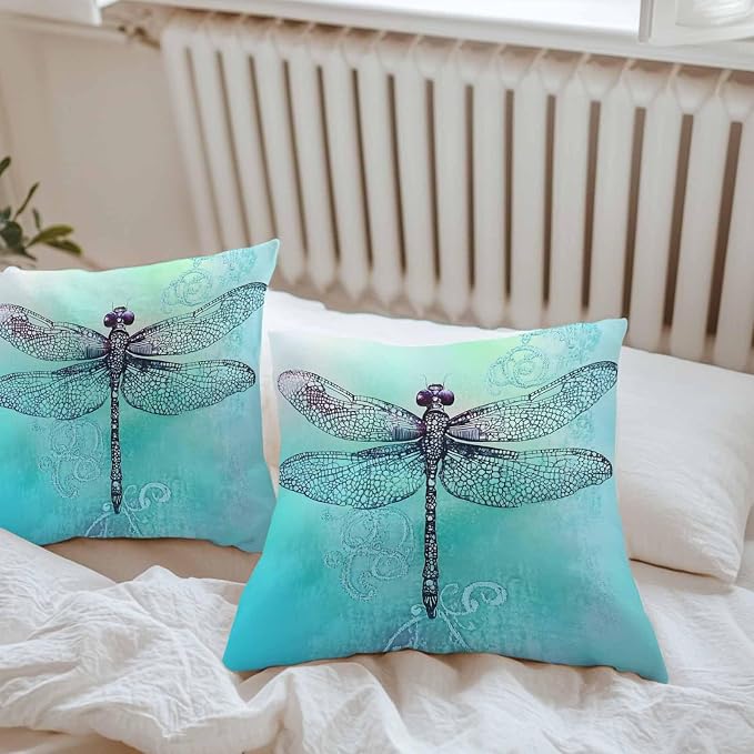 Vandarllin Outdoor Throw Pillows Covers 24x24 inch Set of 2 Waterproof Watercolors Dragonfly Decorative Zippered Cushion Covers for Patio Furniture, Teal Painting Lumbar Pillowcases