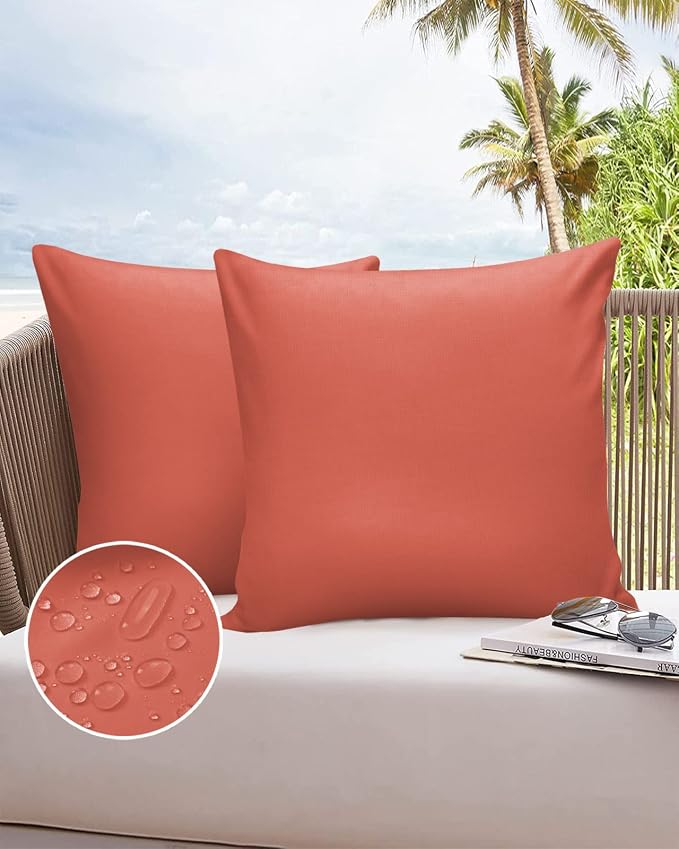 Outdoor Waterproof Throw Pillow Covers Set of 2 Coral Red Pillowcases 24x24 Inches Gradient Gradual Color Patio Decorative Pillows Cushion Case Patio Pillows for Couch Bed Chair Garden