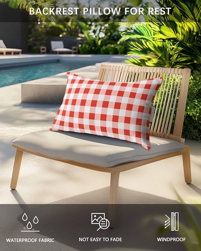 Pack of 4 Outdoor Lumbar Pillow Covers 12x20 Inch, Orange Red Checkered Waterproof Throw Pillow Covers Set, Farmhouse Buffalo Plaid Indoor&Outdoor Decorative Cushion Cases for Patio Porch Beach