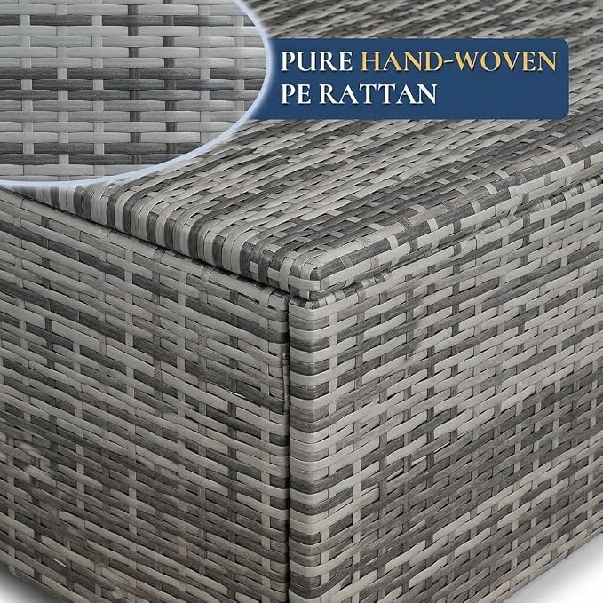 7 Pieces Outdoor Patio Furniture Set, All-Weather Sectional Sofa | Grey Wicker Conversation Set with Glass Table and Blue Cushions | PE Rattan Weaving | Ideal for Patio, Pool, Balcony