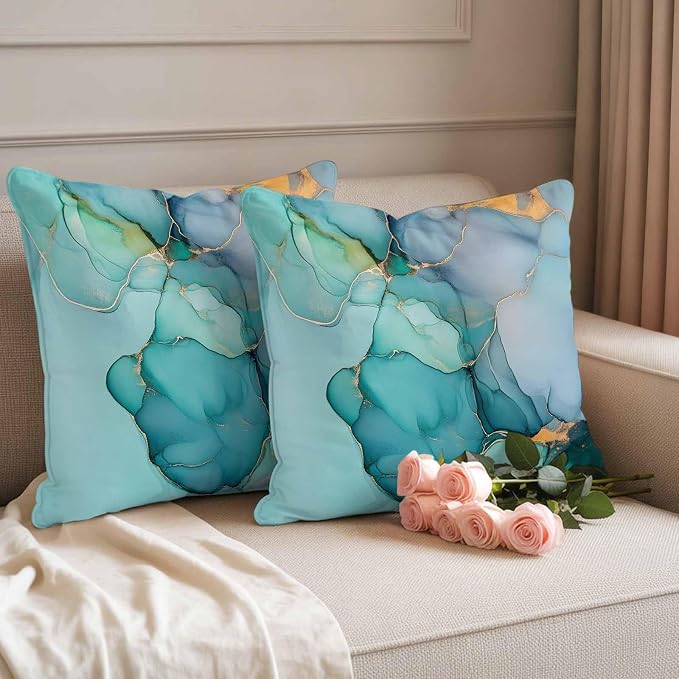 Abstract Teal Outdoor Waterproof Throw Pillow Covers Set of 2, 24"x24", Blue Gold Marble Natural Stone Cracks Modern Decorative Pillow Covers Outside Cushion Case for Patio Porch Garden