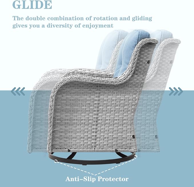 Wicker Patio Furniture Set: 5 Piece Outdoor Conversation Sets with Swivel Rocker Chairs Patio Couch Ottomans, All Weather Rattan Outdoor Furniture Seating for Porch Balcony, Light Grey