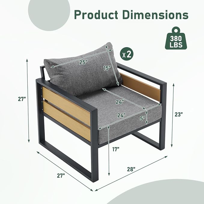 Furnimart Patio Furniture Set, 2-Piece Metal Outdoor Sectional, 2-Seat Patio Conversation Set with Deep Seating, Thick Cushions & Coffee Table for Backyard, Porch & Deck, Gray