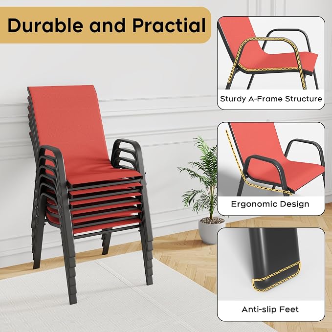 Outdoor Patio Dining Set for 6, 7 Pieces Patio Table and Chairs Set with Umbrella Hole, 47"x 47" Round Metal Wood-Grain Dining Table Set with 6 Stackable Patio Chairs for Deck , Backyard, Porch