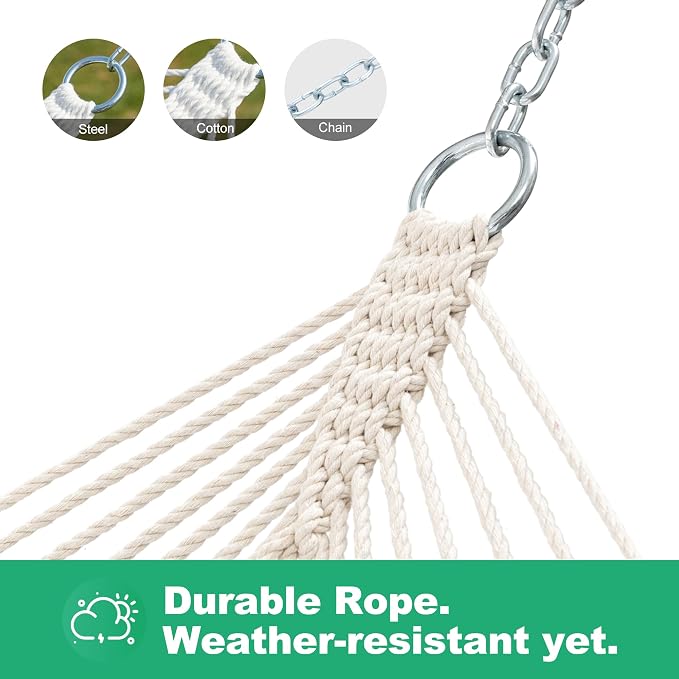 GAFETE Double Hammocks for Outside, Handwoven Traditional Cotton Rope 2 Person Hammock with Hardwood Spreader Bar, Chains & Hooks for Indoor Outdoor, Max 450 lbs Capacity (Natural Beige, Medium)