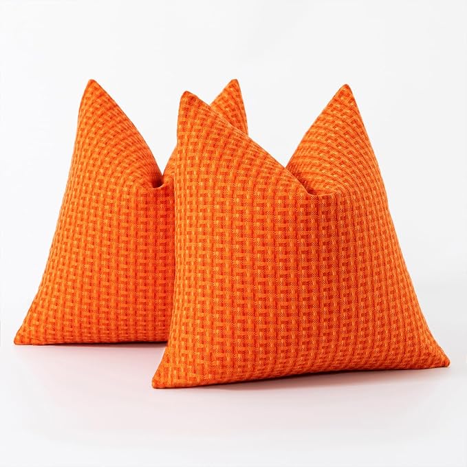 Kevin Textile Outdoor Waterproof 24"x24" Pillow Covers 2 Pack, Orange | Water Resistant Weaving Faux Linen Texture Throw Pillow Covers, Outside Decorative Pillowcases for Garden Patio Balcony Couch