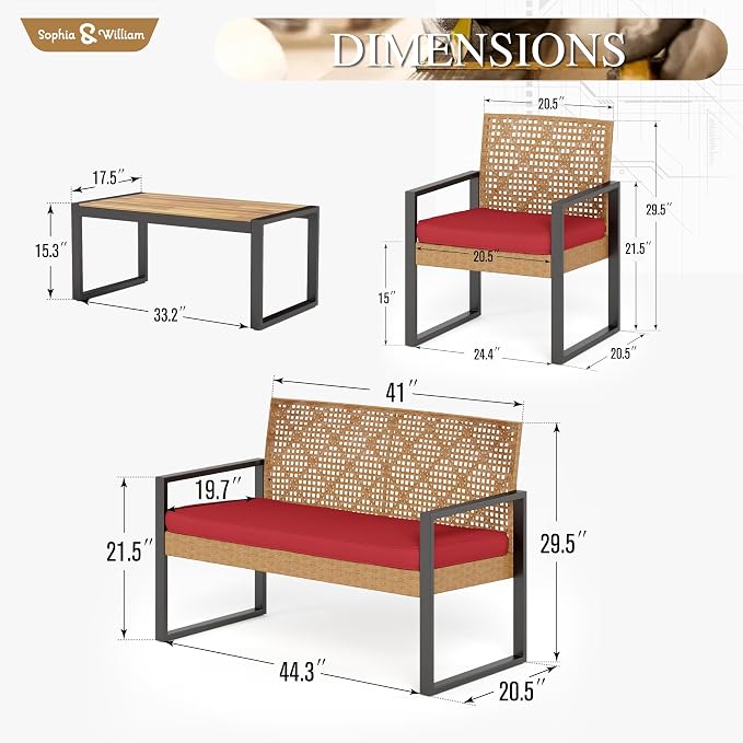 Sophia & William 4 Pieces Patio Conversation Set, Wicker Outdoor Furniture Set for 4, All Weather Outdoor Seating Set, Rattan Loveseat & Chairs with Cushions & Coffee Table, Yellow and Red