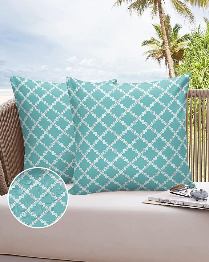 Outdoor Waterproof Pillow Covers for Patio Moroccan Pattern Decorative Throw Pillow Cover Geometric Trellis Cyan Blue Pillowcases Set of 2 Cushion Case for Sofa Couch Chair Home Decor 26x26 inch