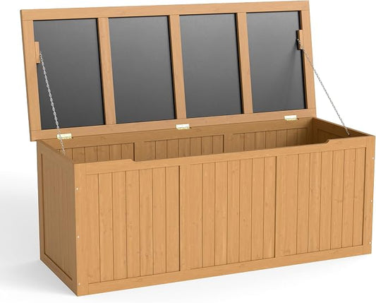 112 Gallon Outdoor Wooden Deck Box Solid Wood Storage Box Seat Table Top for Patio Furniture Cushions, Pool Toys Garden Tools