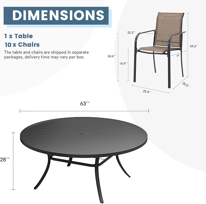 DIFY Patio Dining Set for 10, 11 Piece Outdoor Table and Chairs Set, 63" Black Round Metal Patio Dining Table and Brown Textilene Stackable Patio Chairs, for Backyard Garden Poolside