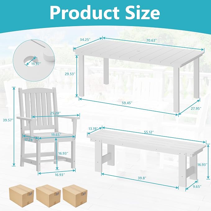 ROCSUMOO 5-Piece Outdoor Dining Table Sets, Patio HDPE Dining Table and Chair Set with Umbrella Hole, All Weather Outdoor Dining Furniture Set (White, 1 Table + 4 Chairs)