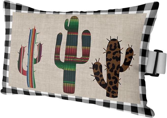 Outdoor Pillows Covers with Inserts Mexico Cactus Black and White Plaid Waterproof Recliner Pillow with Adjustable Strap Throw Pillows for Patio Furniture Pool Lounge Chair, 11x16 inch, 1PCS