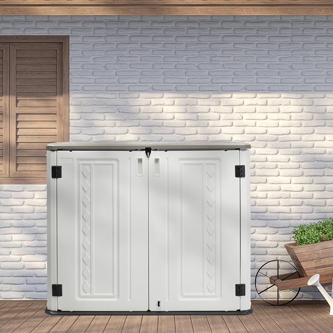 VINGLI Outdoor Horizontal Storage Shed Waterproof with 34 Cubic Feet Storage Space, 50” x 29” x 41” Patio Storage Cabinets for Garbage Cans, Bike, Tools， Deck Box for Yard, Porch, Garden, White