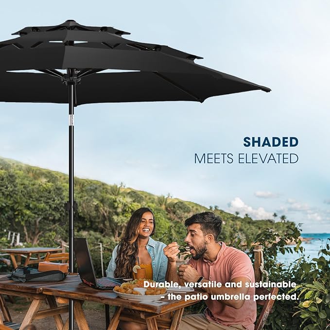 wikiwiki 9ft 3-Tier Patio Umbrella Outdoor Table Market Umbrella for Patio with Push Button Tilt/Crank, Fade Resistant Waterproof POLYESTER Canopy for Garden, Lawn, Deck, Backyard & Pool, Black