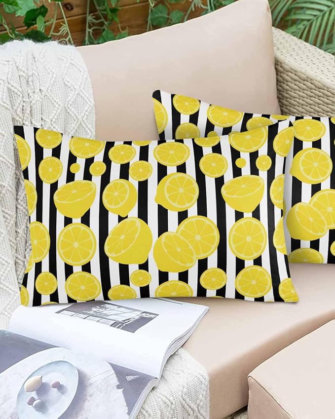 Vandarllin Outdoor Throw Pillows Covers 20x12 inch Set of 2 Waterproof Yellow Lemon Decorative Zippered Cushion Covers for Patio Furniture, Summer Fruit Black Stripes Lumbar Pillowcases