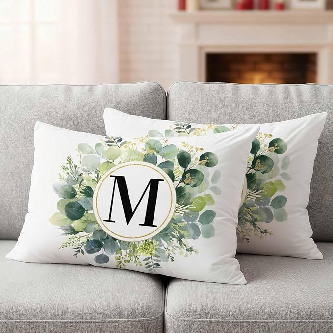 Letter M Waterproof Outdoor Pillow Covers Set of 2 Home Decor, Alphabet Green Eucalyptus Leaves Lumbar Pillowcase Patio Pillow Covers for Couch Bench Patio Furniture Garden 20x12in